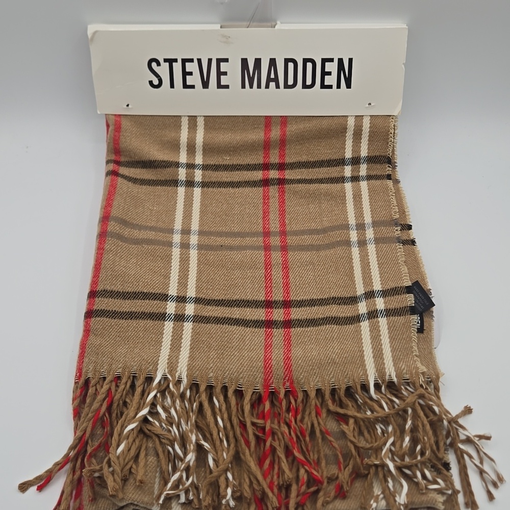 STEVE MADDEN NWT One Size Plaid Scarf Tan Cream Red Black